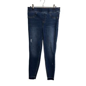 SPANX Jeans Womens Medium Blue Distressed Skinny Pull On Ankle Raw Hem